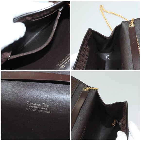 Christian Dior Trotter Canvas Chain Shoulder Bag Dark Brown Gold Auth BA3787